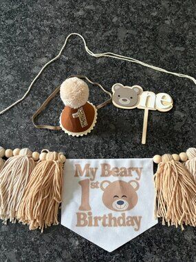 My Beary First Birthday banner, birthday cap, cake pick "One"